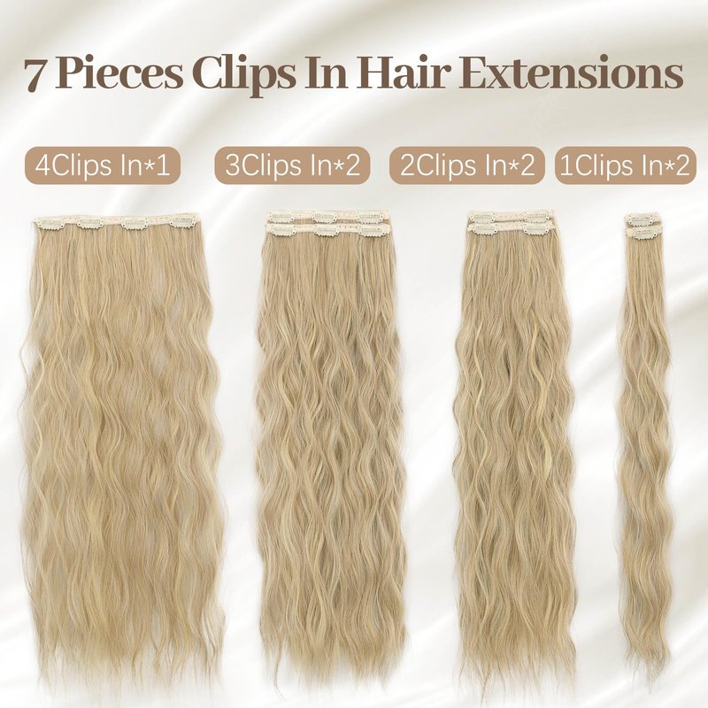 KooKaStyle Hair Extensions, 7PCS Clip in Long Mermaid Wavy Hair Extensions Thick Natural Hairpieces Double Weft for Women Full Head (20 Inch, Dirty Blonde)