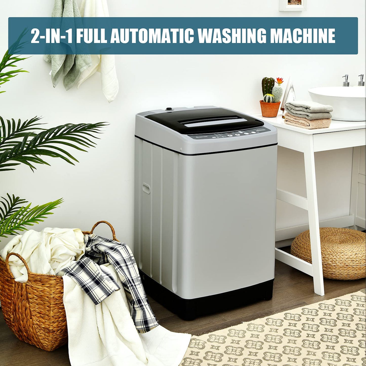 ARLIME 2 in 1 Portable Washing Machine, Full-Automatic Washer 1.5 Cu.Ft Capacity, Laundry Washer & Spin Dryer w/Long Inlet & Outlet Hose For Apartments, Condos, Dorms, RV’s Camping Living (Grey)