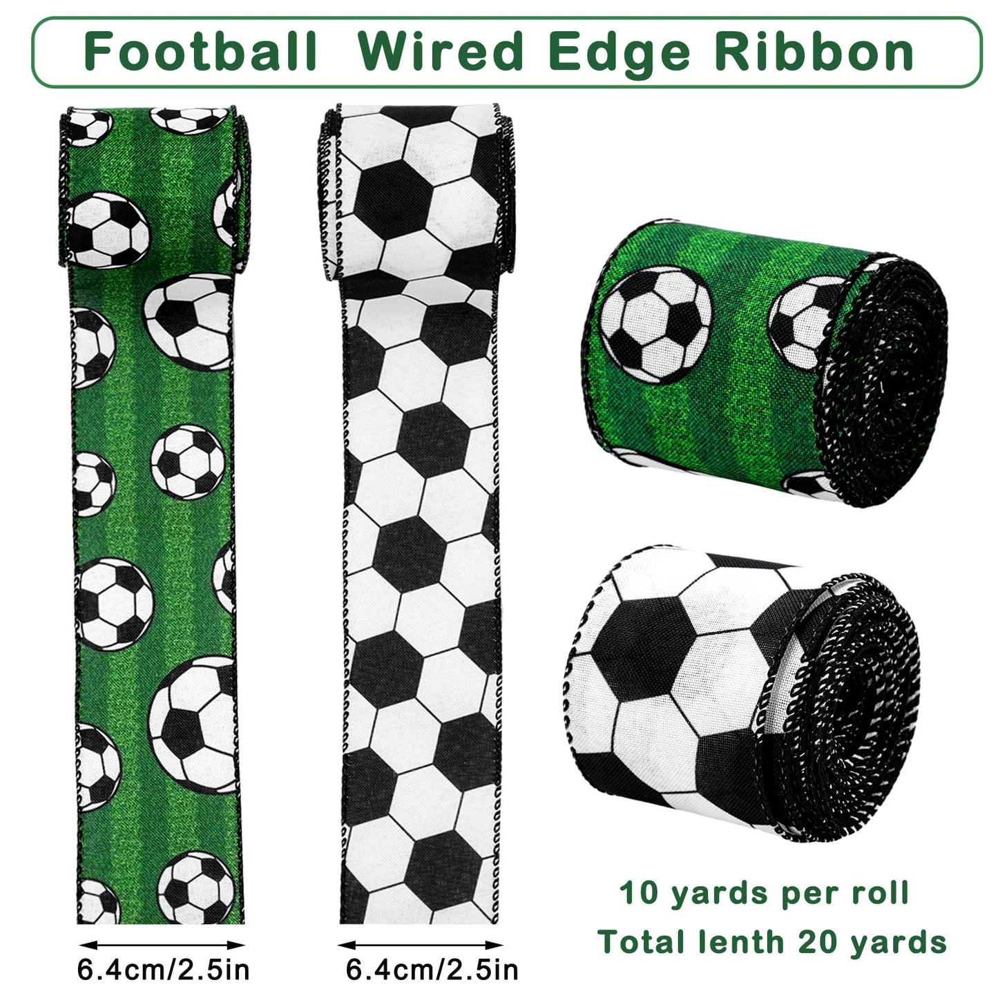 Soccer Wired Edge Ribbon 2.5 Inch Green Black White Craft Ribbon Sport Ball Fabric Ribbons for Sport Events DIY Bow Wreath Wrapping Supplies, 20 Yards, 2 Rolls