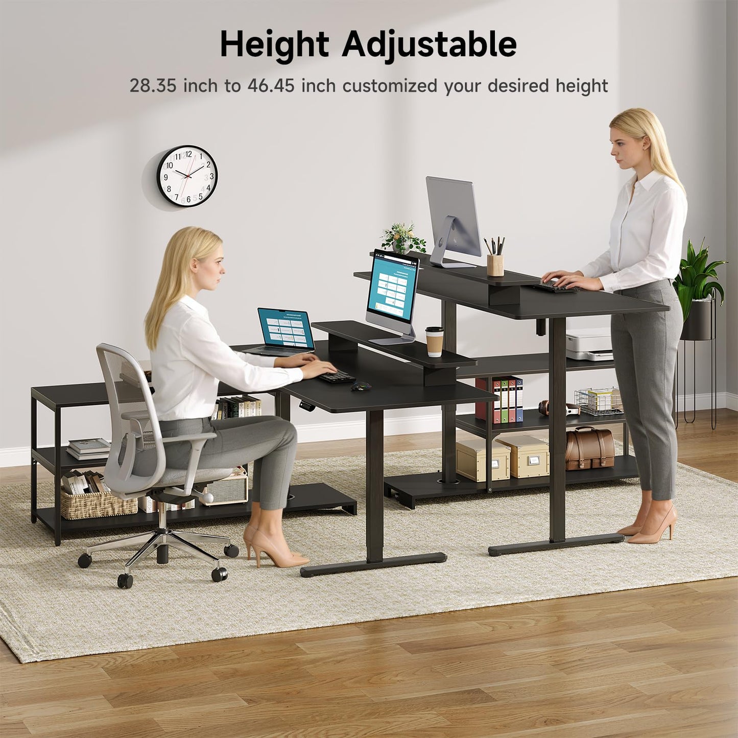 Lefurture Standing Desk with File Cabinet, 63x24'' L Shaped Electric Stand Up Desk with Adjustable Monitor Shelf, Adjustable Height 28-46'' for Home and Computer Workstation, Black