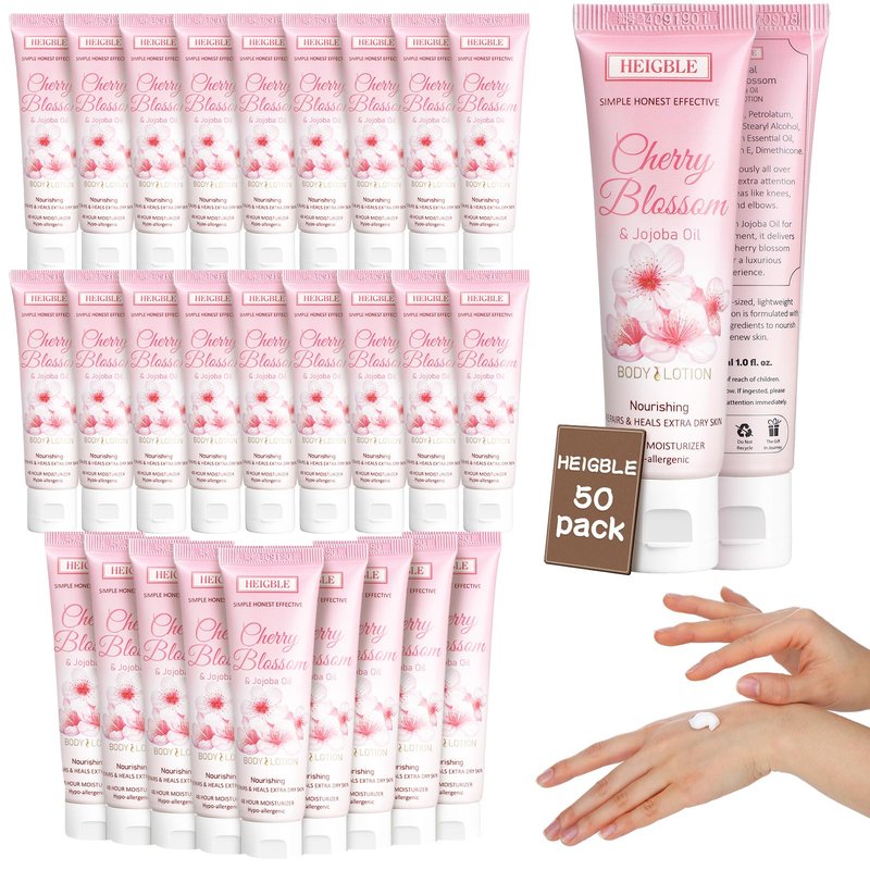 Heigble 50 Pack Travel Size Body Lotion 1 oz Body Lotion Dry Skin Moisturizer with Flip Cap for Extra Dry Skin, Hotels, Airlines, Offices, Gyms(Cherry Blossom and Jojoba Oil)