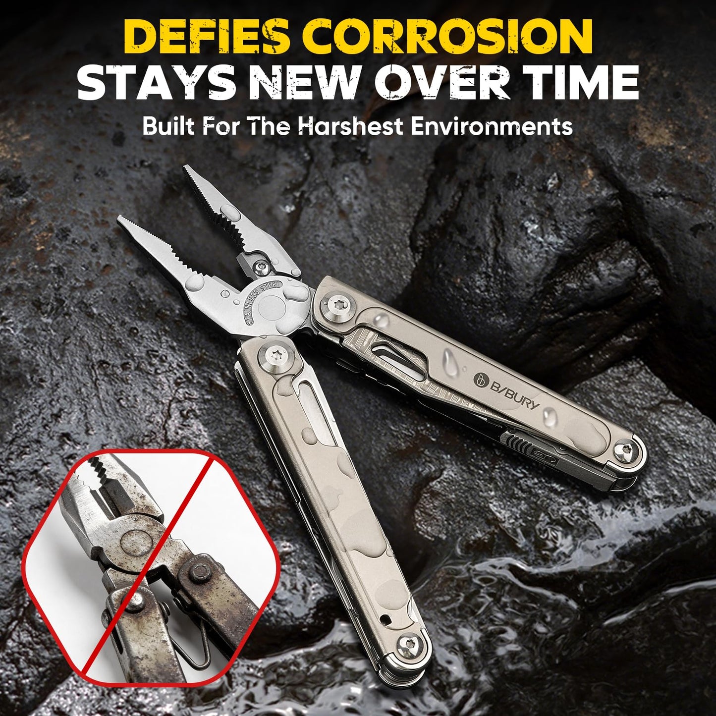 BIBURY Titanium Alloy Multitool with Damascus Knife, EDC Multi tools with Replaceable Wire Cutters, Scissors, Screwdriver Bits, Titanium Handle Multi-Tool for Camping, Survival, Repair - BI2049TI