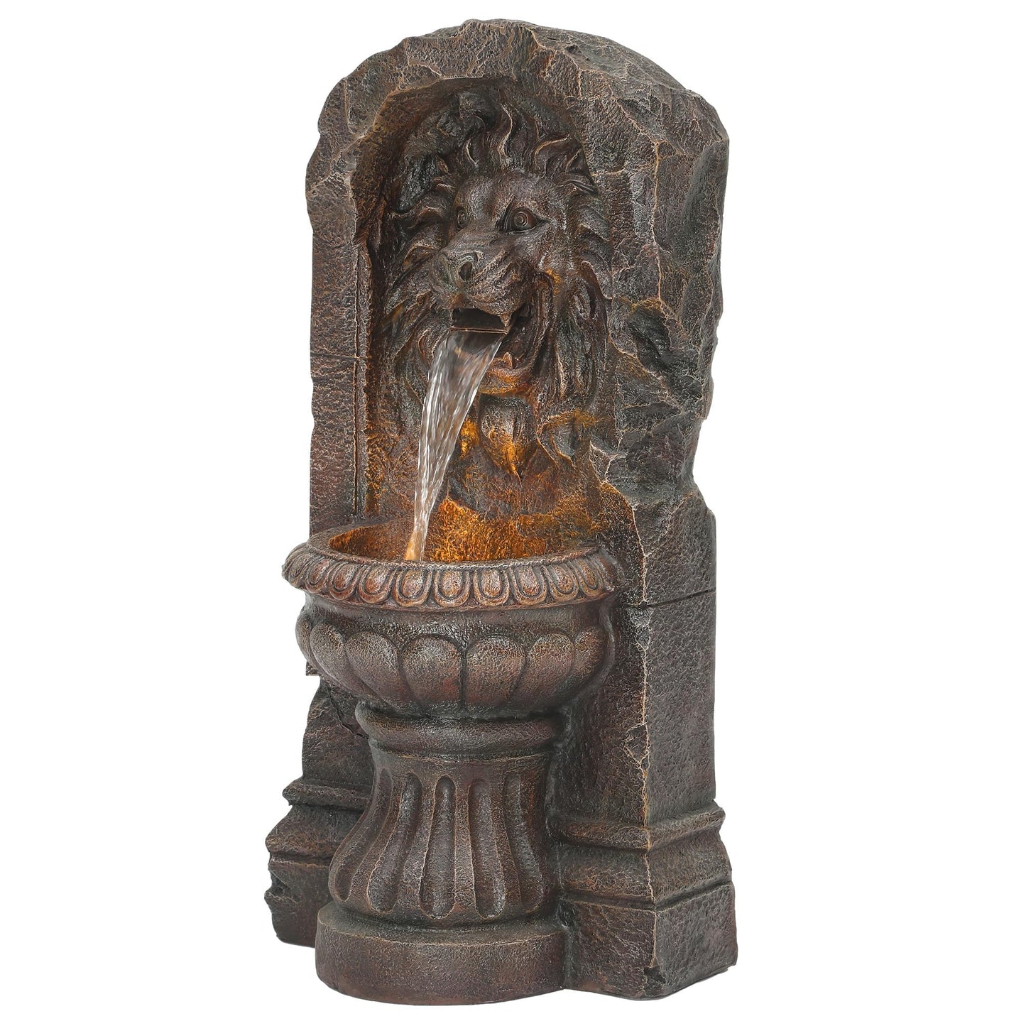 Autodaya 30" Lion Head Outdoor Water Fountain, Rustic Tiered Waterfall Fountain with LED Lights, Weatherproof Resin Freestanding Fountain for Garden, Patio, Yard & Courtyard Decor