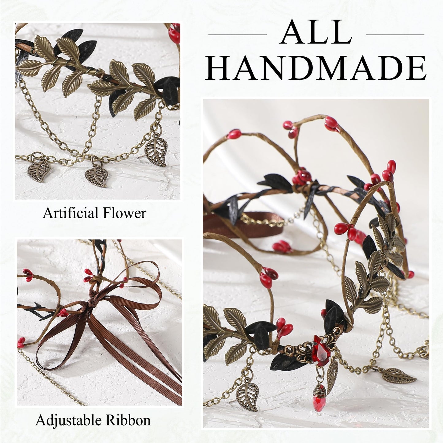 MOSTORY Gothic Flower Elf Crown - Dark Fairy Crown with Tassel for Vampire Accessories Women Witch Aesthetic, Medieval Elven Headpiece with Leaves for Renaissance Renfaire Cosplay