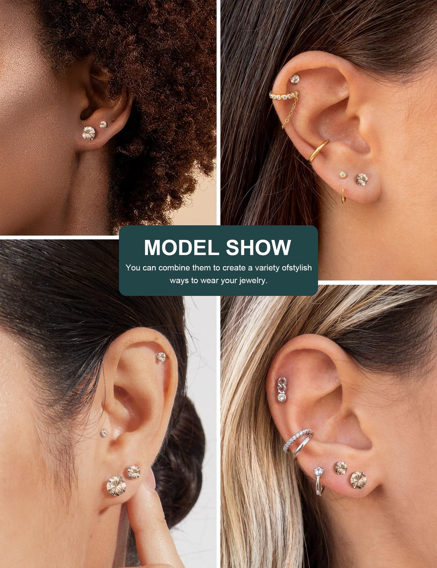 6 Pairs Stud Earrings Set Hypoallergenic Cubic Zirconia 316L Earrings Stainless Steel Earrings for Women (Champagne Color)