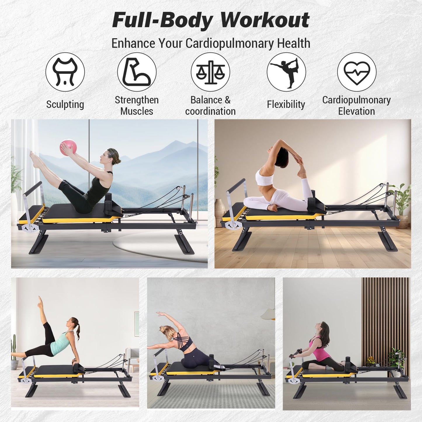 Pro Pilates Reformer,Foldable Pilates Machine for Home Gym Workout,Home Pilates Equipment with Dual Resistance- Springs and Cords,Pilates Machine for Advanced,Beginners(Black & Yellow