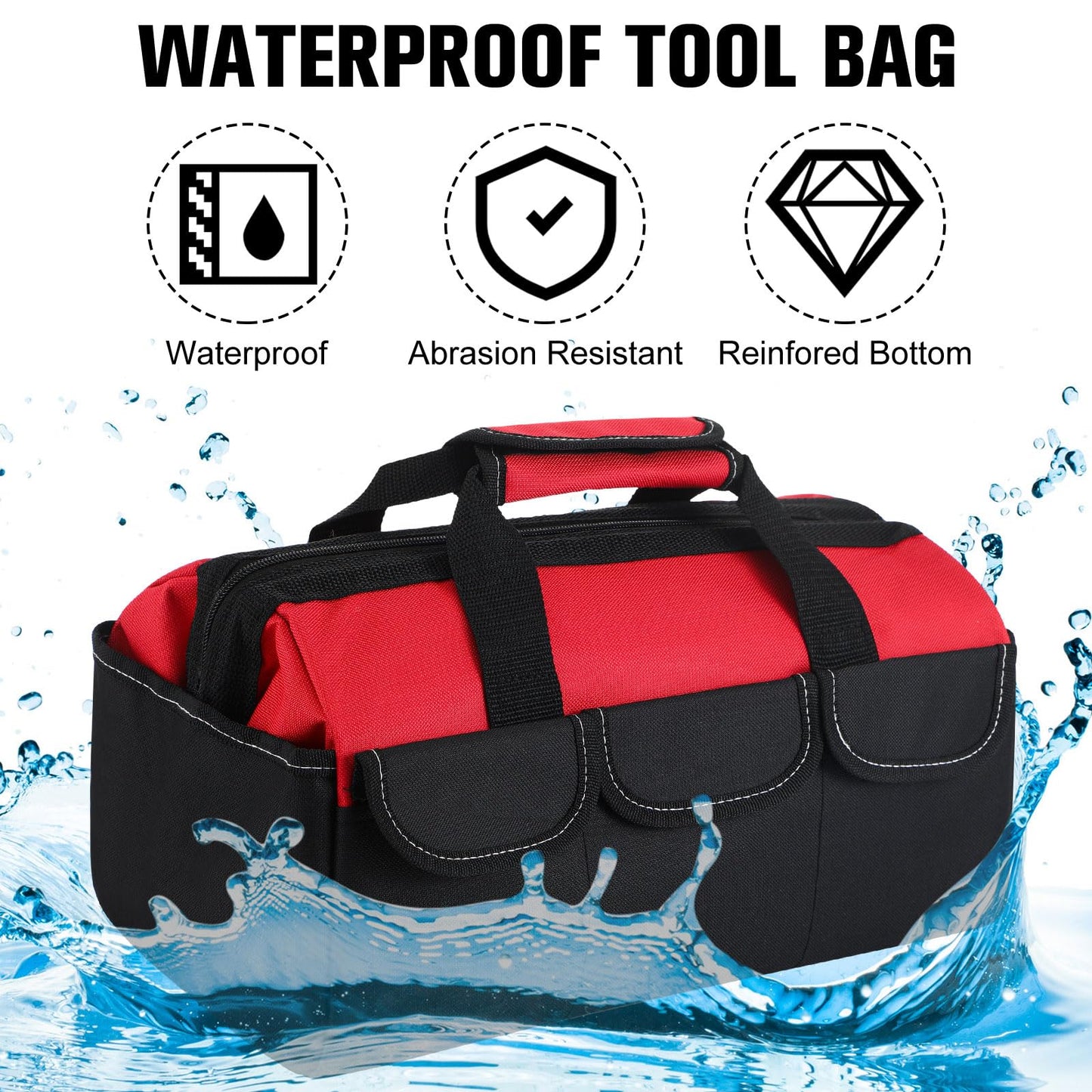 Sanwuta 3 Pack Tool Bag for Men with Waterproof Hard Bottom, Heavy Duty Tool Bag Wide Mouth Tote for Various Instrument, Electrician Carpenter Mechanic (Blue, Red, Yellow,16 Inch,Side Pockets)