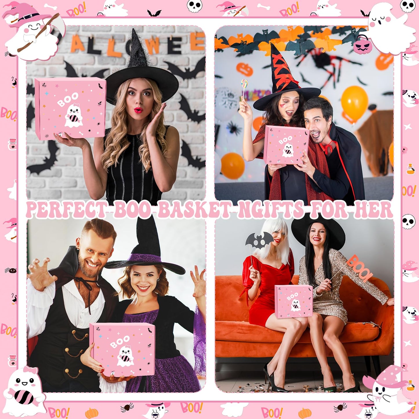 8 Pcs Halloween Boo Basket Gifts Pink Ghost Gift Halloween Boo Basket Stuffers for Women Include 20 oz Ghost Tumbler with Lid and Straw Throw Blanket Socks Keychain Bracelet Candle Card with Gift Box