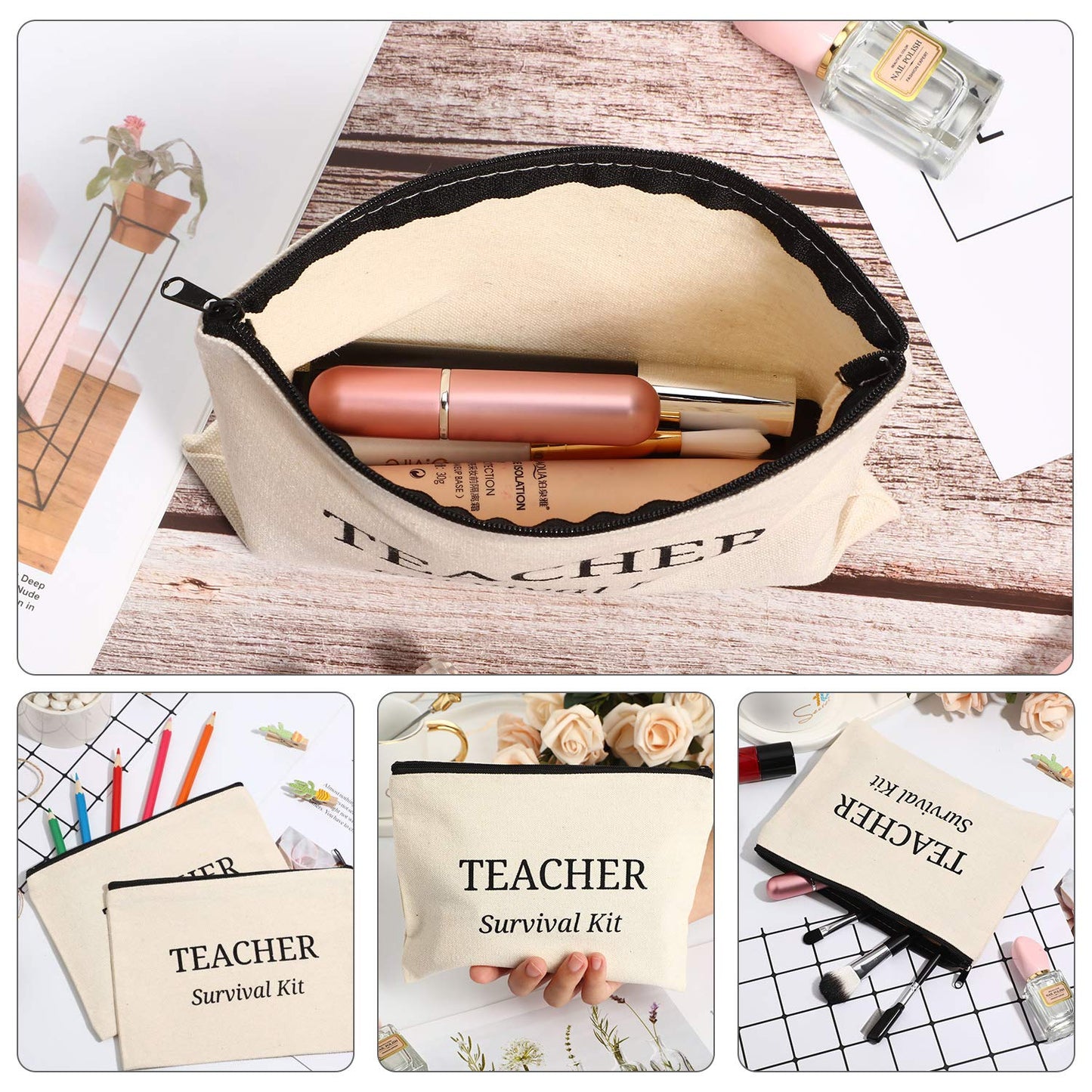 Frienda 12 Pcs Teacher Appreciation Gifts Makeup Bags Cosmetic Bag Canvas Survival Kit Pencil Pouch Travel Toiletry Case with Zipper Teacher Gift for Women Men(M)