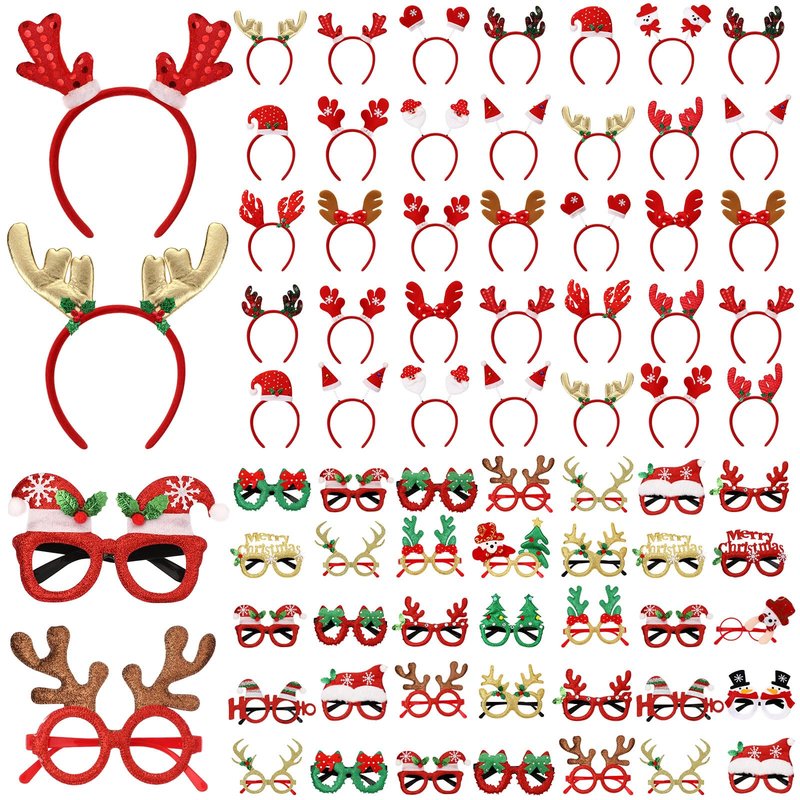 Giegxin 64 Pcs Christmas Glasses Frame and Headbands Set with 32 Cute Party Headband and 32 Funny Eyewear Xmas Hair Headwear for Christmas Xmas Holiday Party Favors