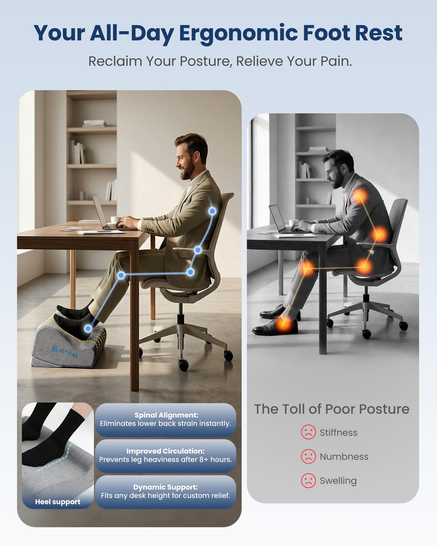 Comfier Under Desk Foot Rest at Work with Graphene Fast Heat Cloth,Ergonomic Heated Foot Stand with 2 Heights & 3 Heat & 3 Vibration,Heel Support for Back,Leg Pain Relief,Office Home,Gift Men,Women
