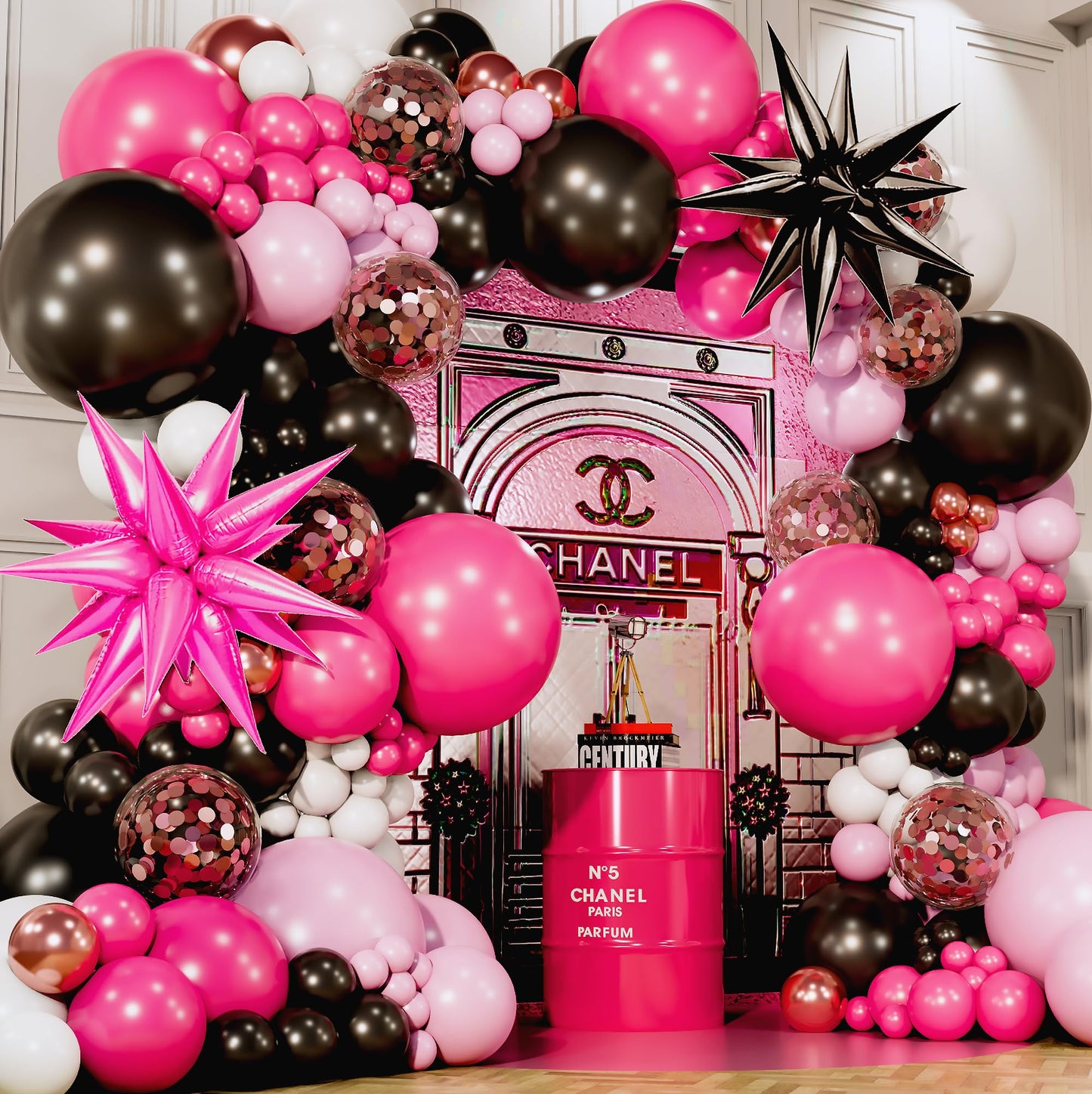 ALL-IN-1 Pink and Black Balloons Arch Kit with BONUS Starburst Balloons – Pink Black and White Balloons for Hot Pink and Black Party Decorations for Birthday and Theme Party Celebrations