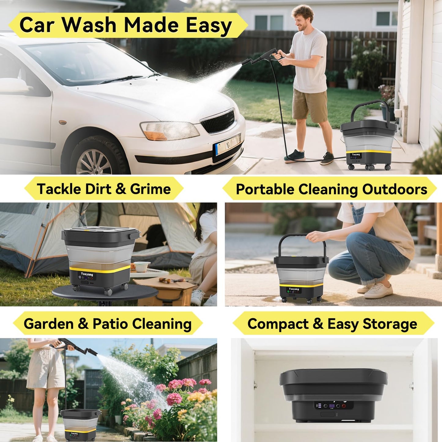Portable Cordless Pressure Washer with Tank: 1200 PSI Foldable Power Washer – 3.4 Gal Tank, 7-Level Adjustable Sprayer & 360° Nozzle – Compact Electric Cleaner for Car, Garden, Patio, Camping