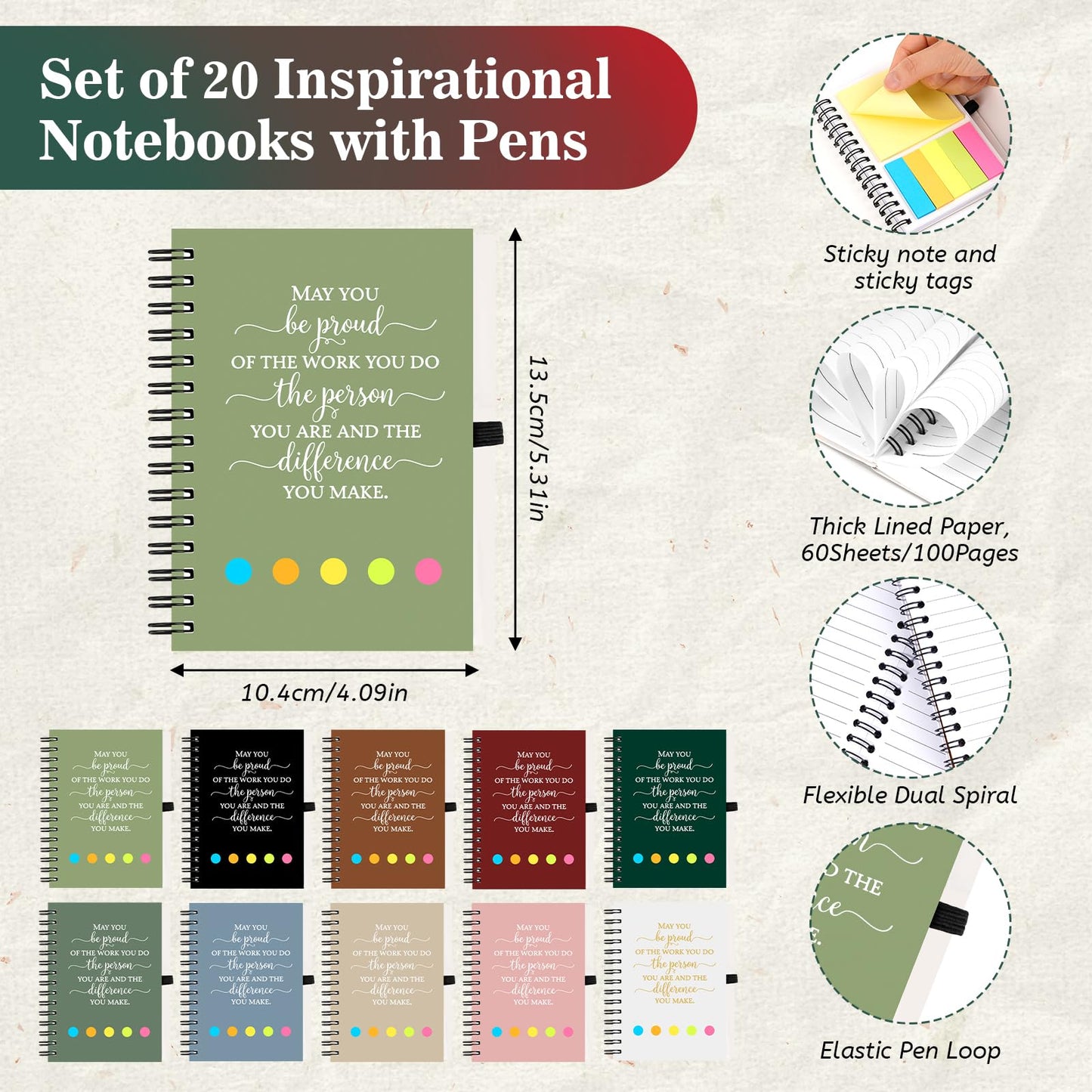 20 Sets Employee Appreciation Gifts Bulk Inspirational Spiral Notebook Journal with Sticky Note Motivational Pen Thank You Small Gifts for Coworkers Team Nurse Teacher Volunteer Office Staff Gift