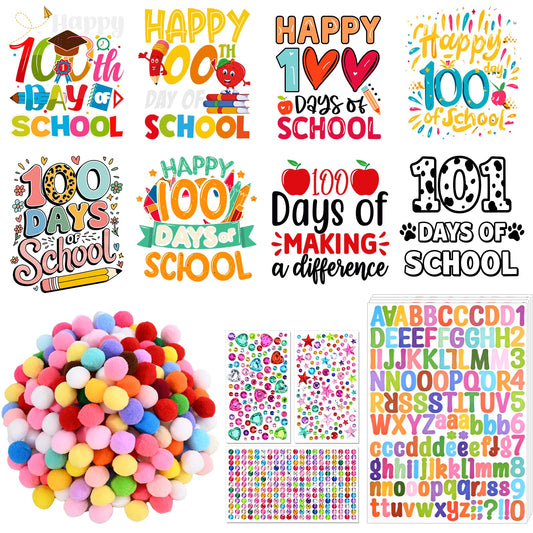 16 Sets 100 Days of School Craft Kit Iron on Transfers Stickers DIY Iron on Heat Transfer Decals with Pom Pom Ball Dot Stickers Gems Number Stickers for Clothing Shirt Bag Classroom Appliques Craft