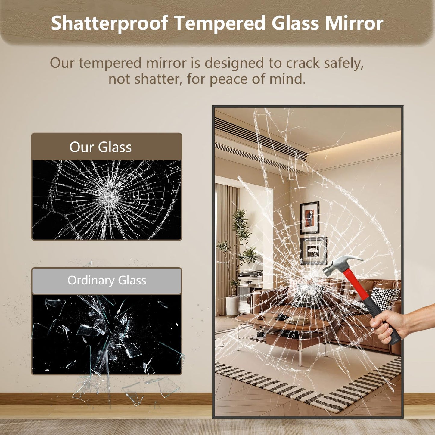 Mirrorons 82"x44" Oversized Black Full Length Mirror, Floor Standing or Wall Mounted with Hanging Kit, Shatterproof Tempered Glass Mirror for Living Room, Bedroom, Dressing Room, Gym