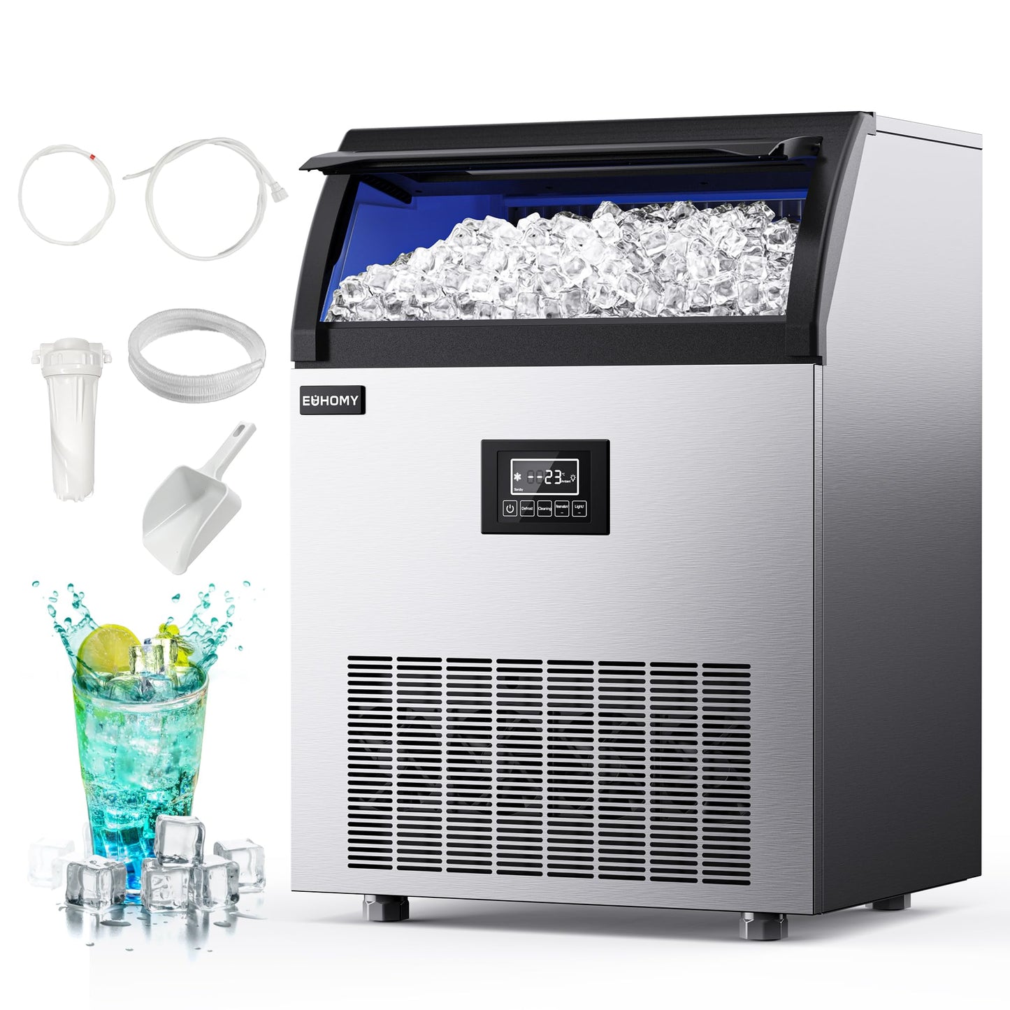 EUHOMY Commercial Ice Maker,350lbs/24H,Stainless Steel Under Counter Ice Machine with Water Filter,44lbs Storage Capacity, 126 Cubes in 8-12 Mins, Freestanding Ice Machine for Home/Bar/Cafe/Restaurant