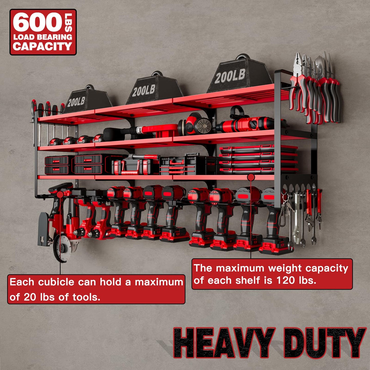 NattyDot 48" Large Power Tools Organizer Wall Mount,12 Drill Holder for Garage, Workshop Heavy Duty Storage Rack (Red)
