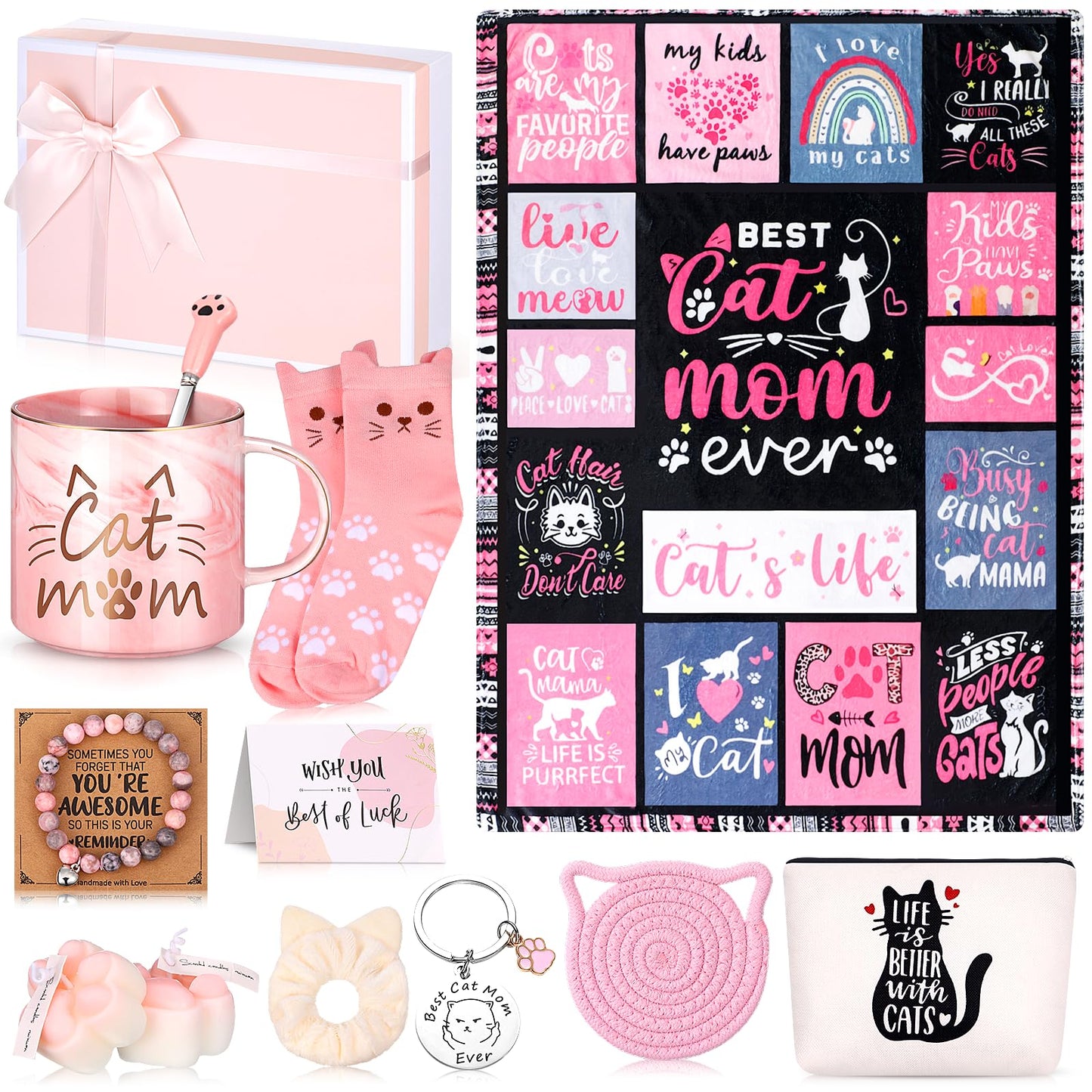 Didaey 12 Pcs Mother's Day Cat Lover Gifts for Mom Women Cute Blanket Socks Coffee Mug Cosmetic Bag Keychain Bracelet Cards Scrunchie Cats Themed Gift Set for Birthday Mom Ideas