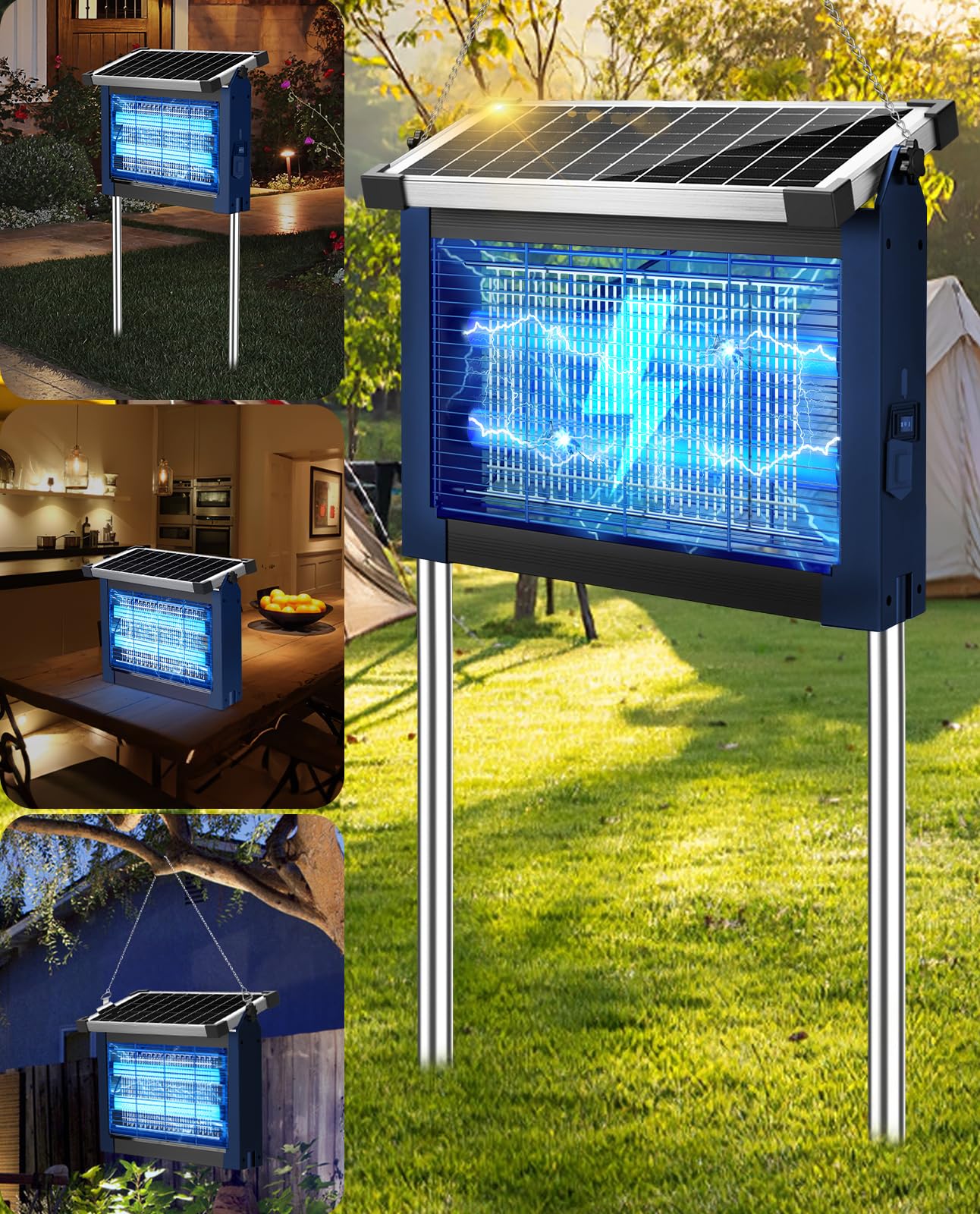 Solar Bug Zapper Outdoor, PhatroyYee Mosquito Zapper 4500V, Waterproof Portable Fly Zapper, Rechargeable Electric Mosquito Killer, Cordless Fly Insect Mosquitos Trap for Patio Yard Camping BBQ(Blue)