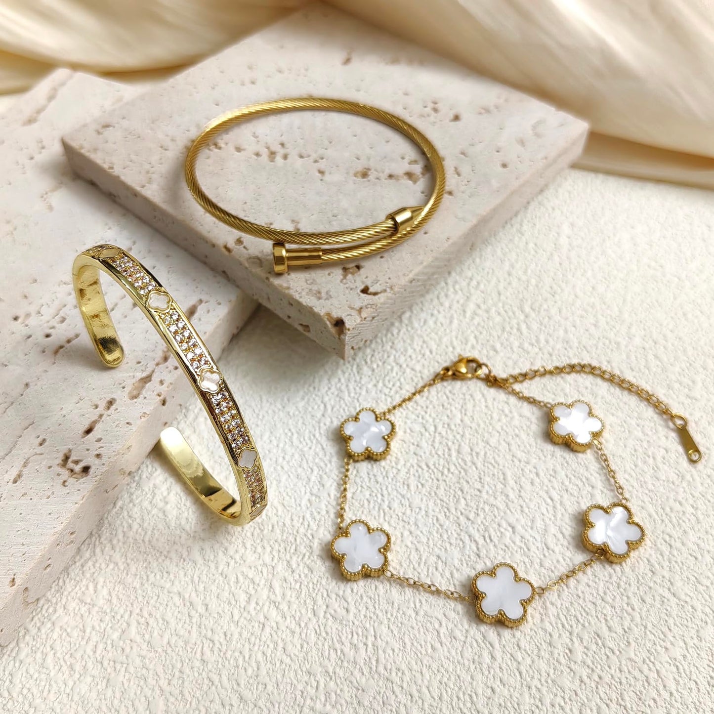 Nail Bracelets set for Women 3Pcs Stackable Love Bangle 18K Gold Plated Clovers Bracelet Floral Bracelet Set Trendy Gifts for Women (White)