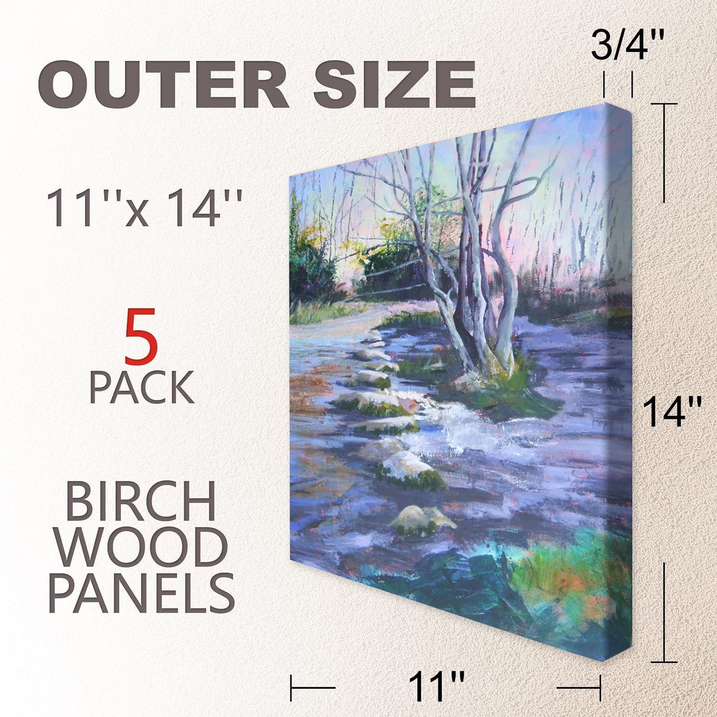 Cupohus Unfinished Birch Wood Boards Canvas for Painting, 5 Packs 3/4'' Deep Cupohus 11'' x 14'' Wooden Cradled Panels for Pouring Art, Crafts, Paints and More