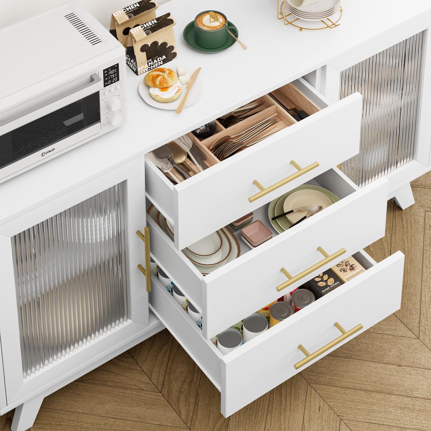 GAOMON Sideboard Buffet Cabinet with 2 Fluted Glass Doors, 56" Modern Coffee Bar Cabinet with 3 Large Drawers, White Long Storage Cabinet for Kitchen Dining Living Room, White Top