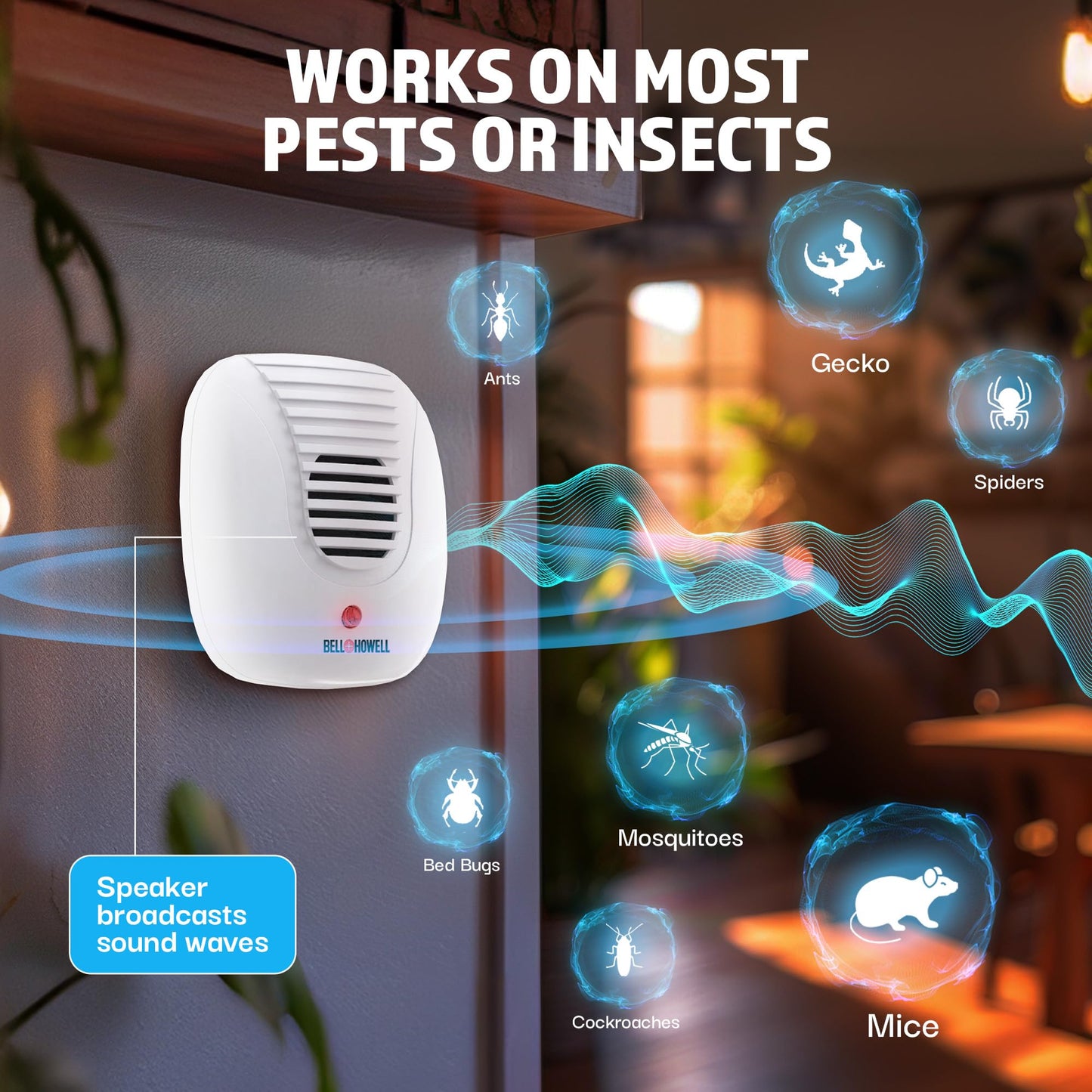 Bell+Howell 4 Pk Upgraded 2026 Ultrasonic Pest Repeller Indoor, Mice Repellent Indoor Home Kit, DIY Pest Control at Home, Plug in Spider Repellent, Rodent Repellent, Bug, Insect, Family & Pet Safe