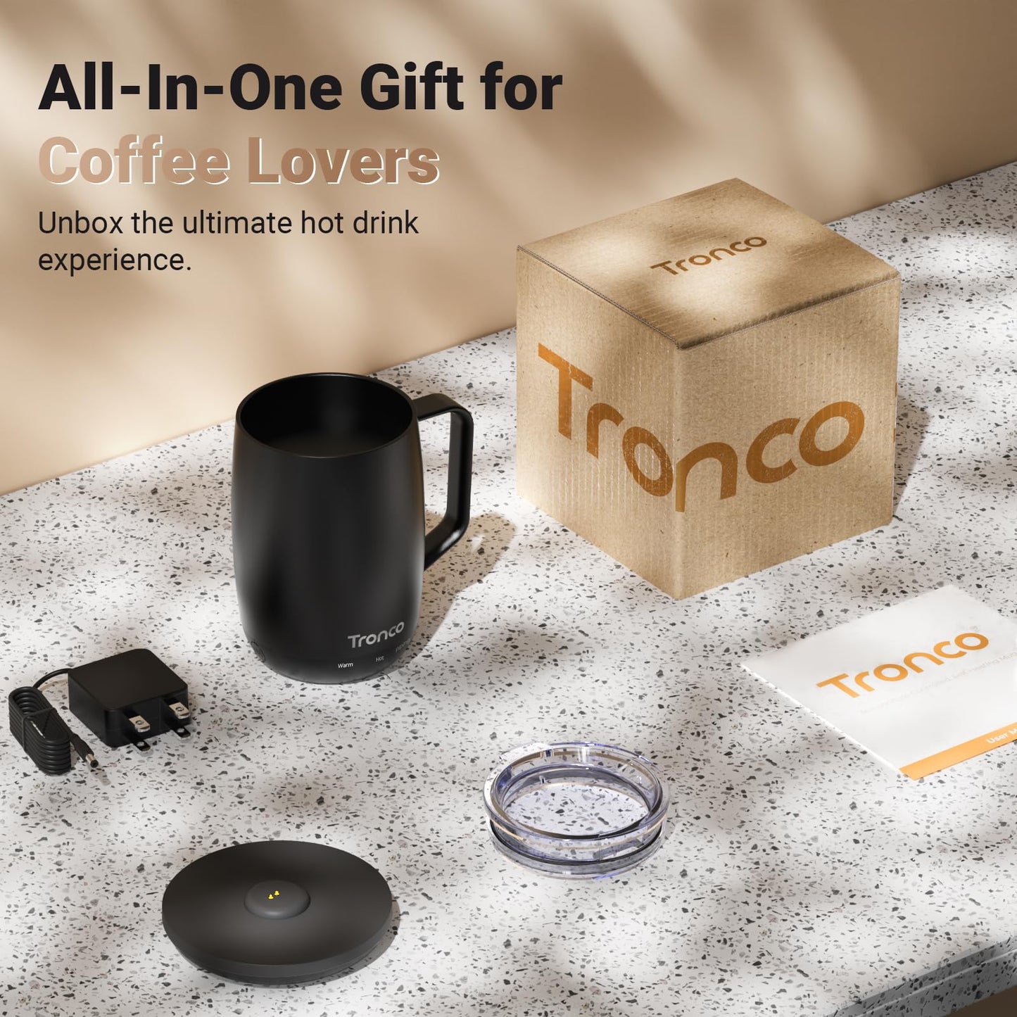 Tronco Temperature Control Heated Coffee Mug 14 oz – Rechargeable Self-Heating Coffee Mug with Lid – Manual Control, 3 Modes, 130 Min Battery Life, Auto Shut-Off (Blue)