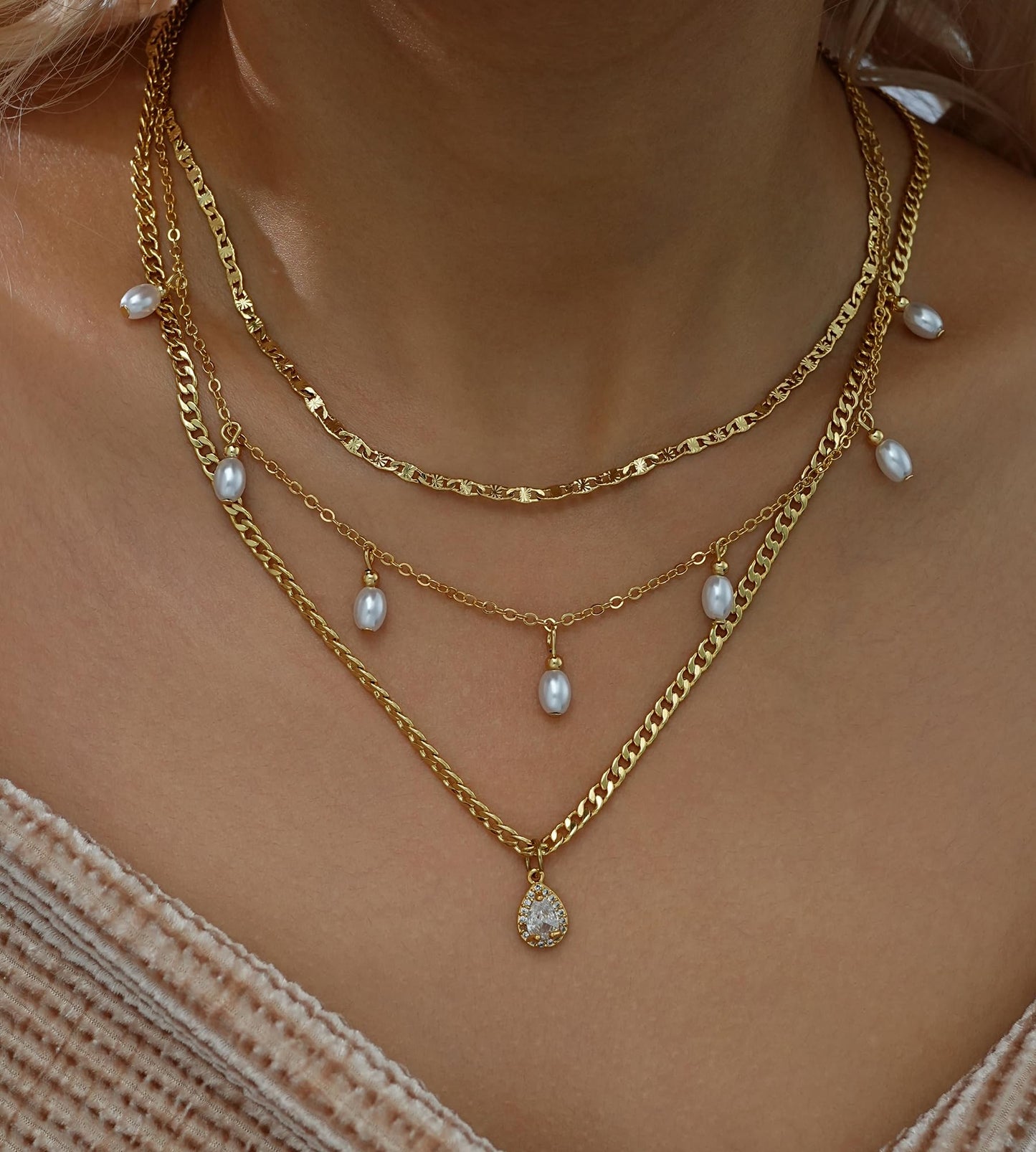 YEEZII Layered Gold Necklaces for Women Trendy, 3 Pcs 14K Gold Plated Choker Paperclip Box Chain Necklace, Stackable Women's Gold Pendant Necklaces Jewelry Set (Gold-3 Pcs-Pearl)