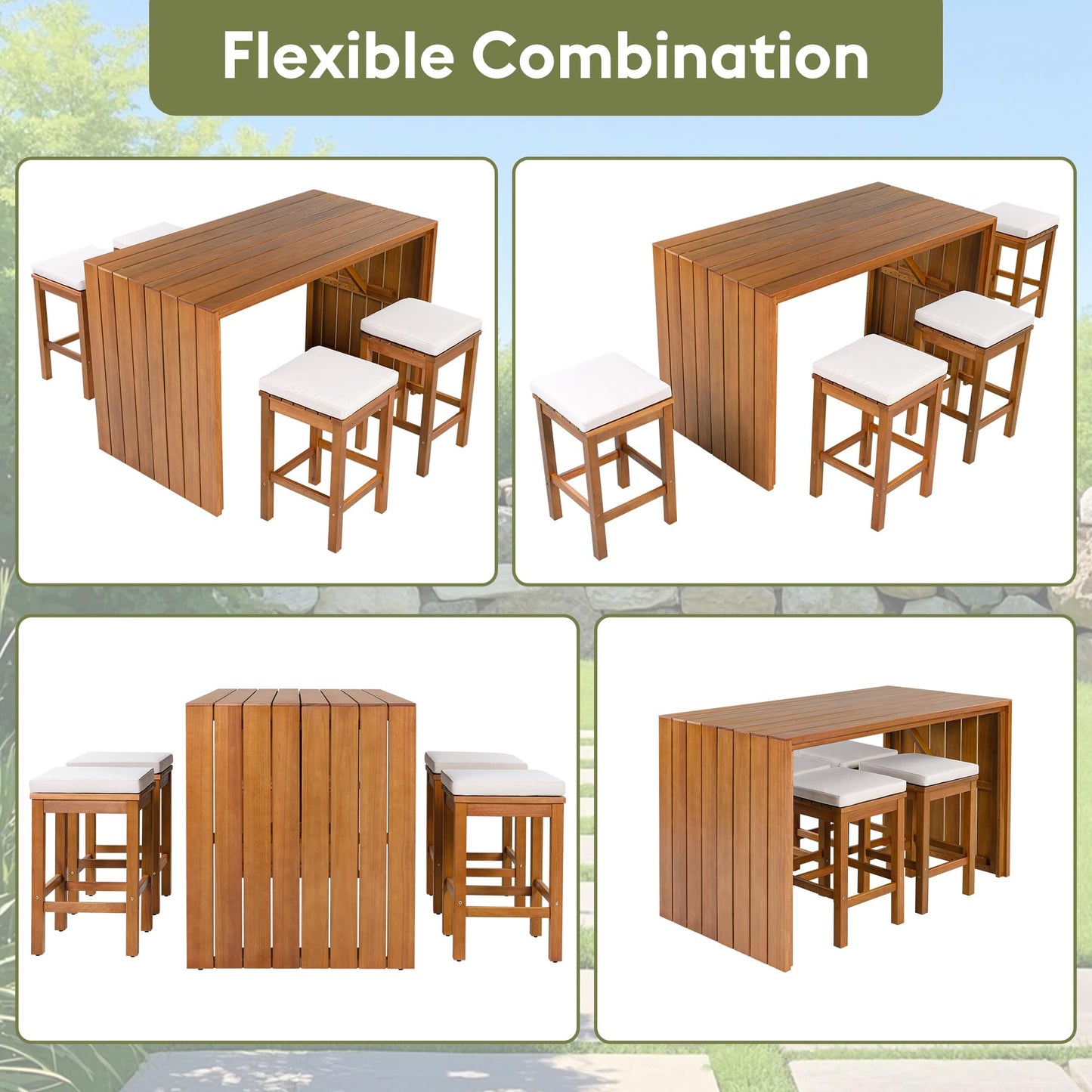 GDFStudio 5 Piece Outdoor Bar Table Set with 4 Stools, Patio Acacia Wood Bar Height Dining Furniture with Cushions, Natural Wood Counter Height Table & Chairs for Backyard, Balcony, Garden, Poolside