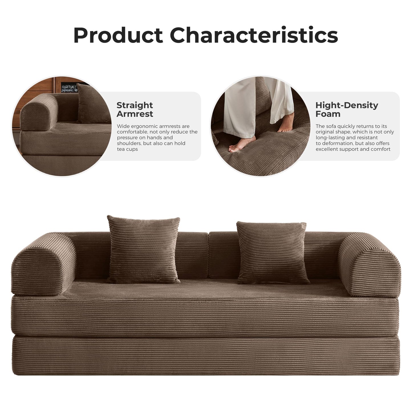 Bsxupke 5-in-1 Convertible Sofa Bed | 79" Fixed Frame with High-Resilience Memory Foam, Easy Setup | Durable Corduroy Converts to Full Bed, Great for Family Living Room (Brown)