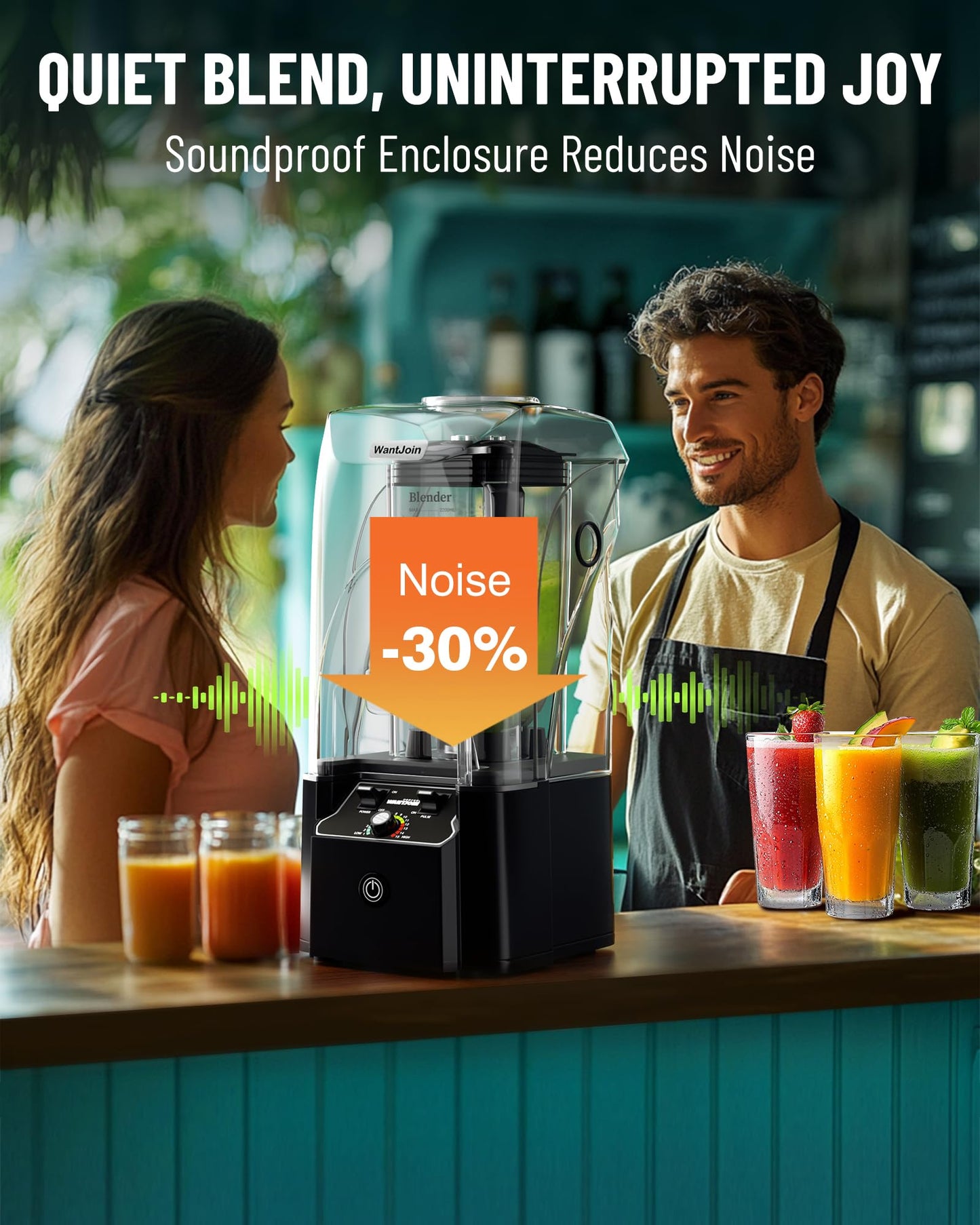 WantJoin Professional Commercial Blender With Shield Quiet Sound Enclosure 2200W Industries Strong and Quiet Professional-Grade Power, Self-Cleaning, Black