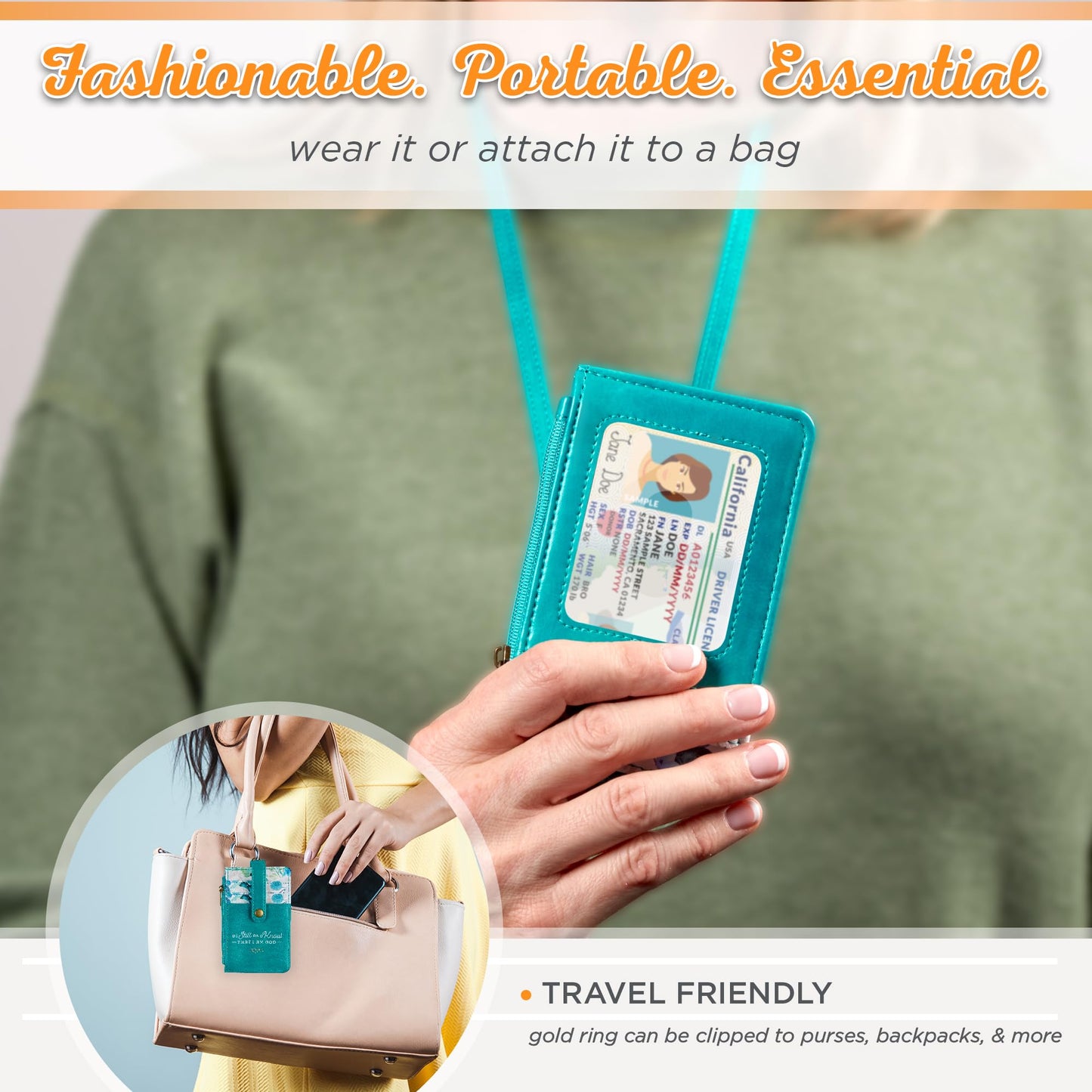Christian Art Gifts Women's Slim Zipper ID Badge Card Holder: Be Still & Know - Psalm 46:10 Inspirational Bible Verse w/Detachable Neck Strap Lanyard, Coin Purse Pocket, Vegan Leather, Floral Teal
