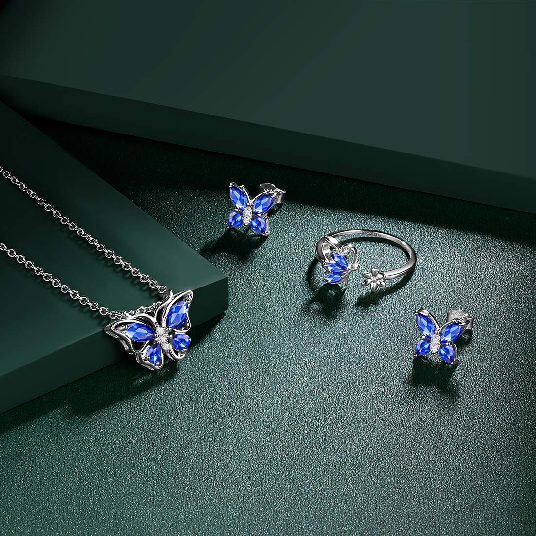 Hipunk Butterfly Blue Jewelry Sets Birthstone Women 925 Sterling Silver September-Sapphire Birth Stone Animal Butterflies Jewelry Sets/Earring/Ring Set Crystal Birthday Jewelry SS0002S
