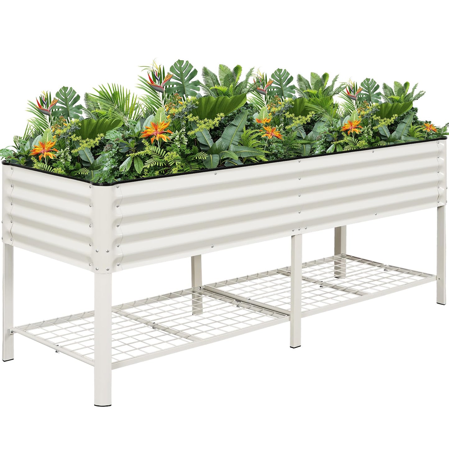 Elevated Raised Garden Bed 2' x 6'- Galvanized Metal Planter Boxes with Legs & Storage Rack, Outdoor Planters for Backyard/Patio/Balcony, with Drainage Holes for Vegetables, Flowers, Herbs, White