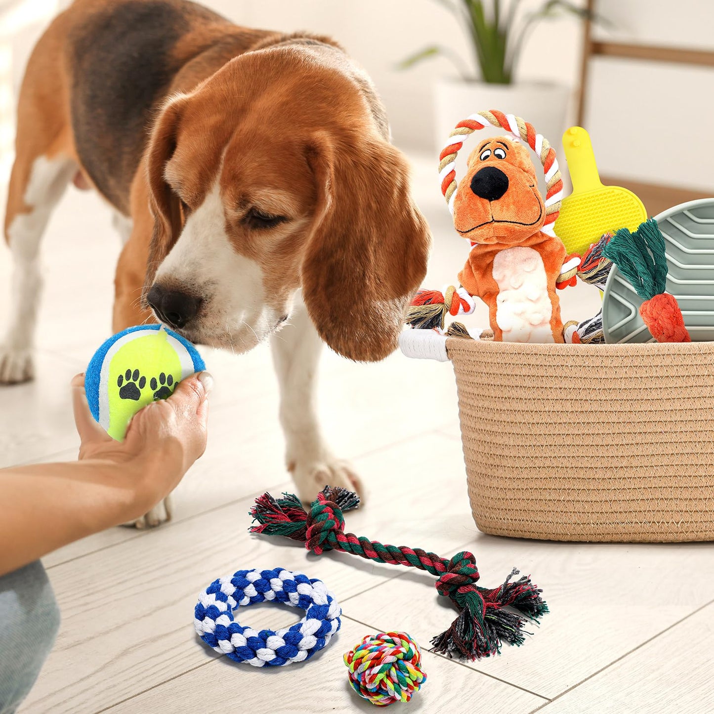 Abbylike New Puppy Gift Basket Puppy Starter Kit Dog Gift Storage Basket with Dog Toys Set Chew Toys Teething Interactive Squeaky Plush for Doggie Birthday Gifts and Pet Necessities