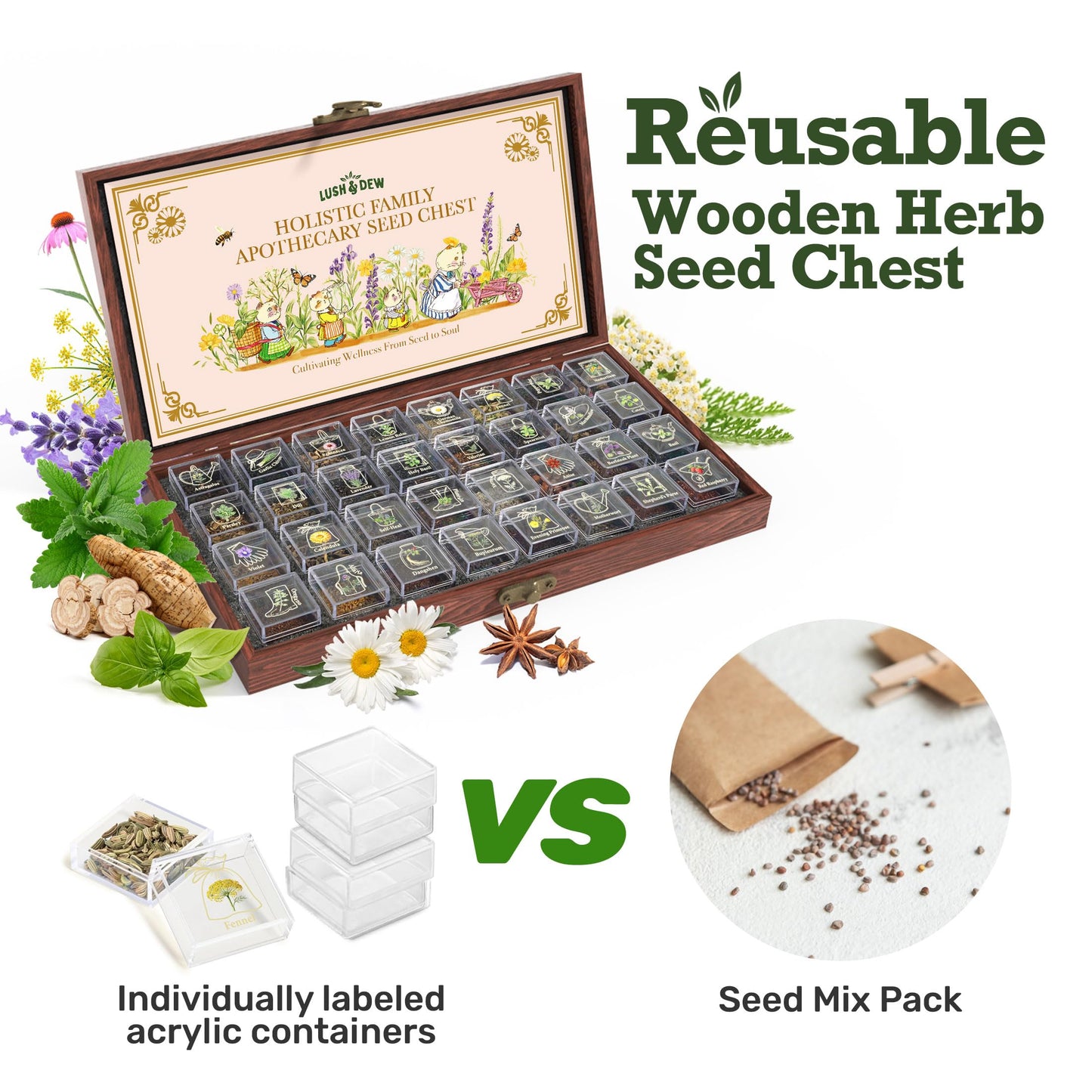 Lush&Dew Holistic Family Apothecary Seed Chest, 30,000+ Medicinal Herb Survival Seed Kit, Gardening Gifts for Women Men, 32 Varieties Heirloom Non-GMO Culinary Herb Seeds for Raised Bed Windowsill
