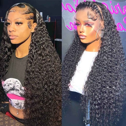 SYHGK 13x6 Deep Wave Lace Front Wigs Human Hair Wigs HD Transparent Deep Curly Lace Frontal Glueless Wigs Human Hair Lace Front Wigs Pre Plucked 200% Density Natural Black 24 Inch
