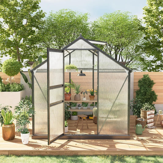 6x6FT Walk-in Greenhouses for Outdoors, Heavy Duty Polycarbonate Green House with Quick Setup Structure, Roof Vent, Push-Pull Lockable Door, Aluminum Green House for Garden Backyard, Patio, Lawn