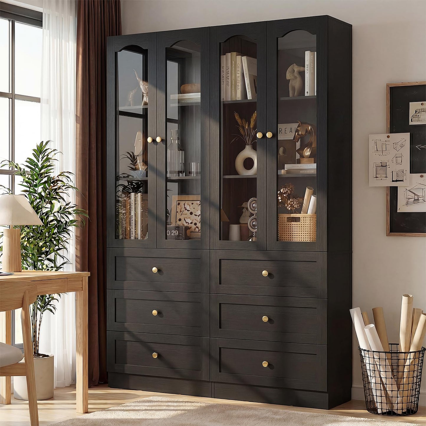 Cyclysio 80" Tall Pantry Cabinet for Kitchen Storage, 2 Set Black Pantry Cabinet with Glass Doors & 3 Drawers - Freestanding Storage Bookcase with Built-in Baseboard Notch for Dining, Living Room