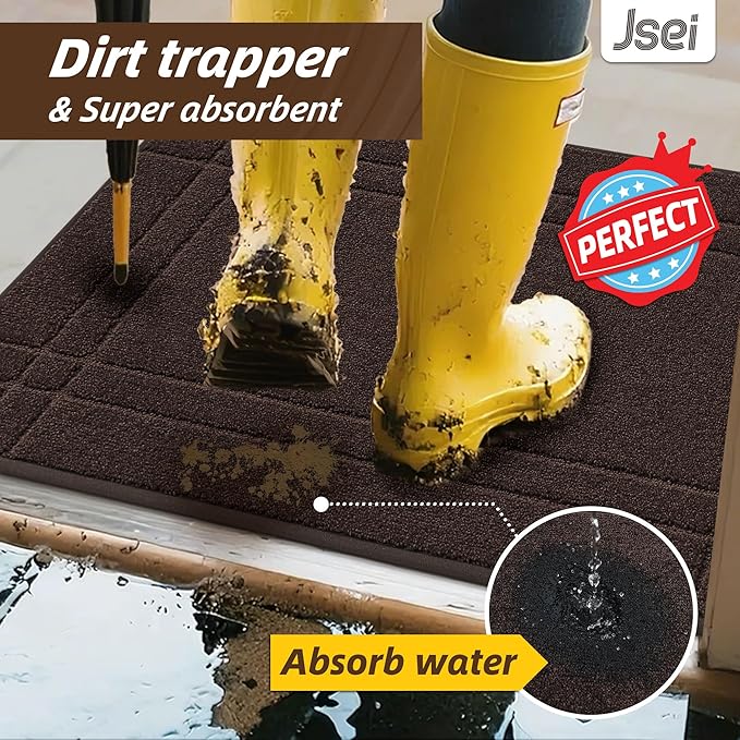 JSEI Entryway Rugs Doormat 36"x60", Non-Slip Dirt Trapper Door Mats Indoor, Washable Absorbent and Stain Resist Welcome Floor Mat for Front Door, Dog Door Mat, Dirty Wet Shoes & Paws, Brown