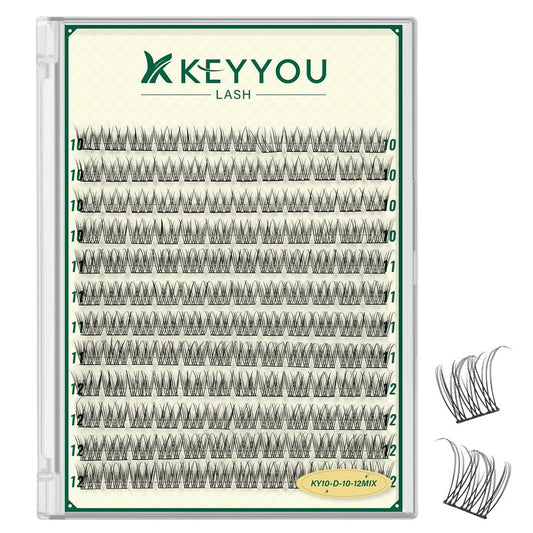 KEYYOULASH Lash Clusters Manga Lash Extension D Curl 144pcs 10-12mm Wispy Eyelash Clusters Natural Volume Eyelash Extensions Individual Lashes DIY at Home(KY10,D-10-12MIX)