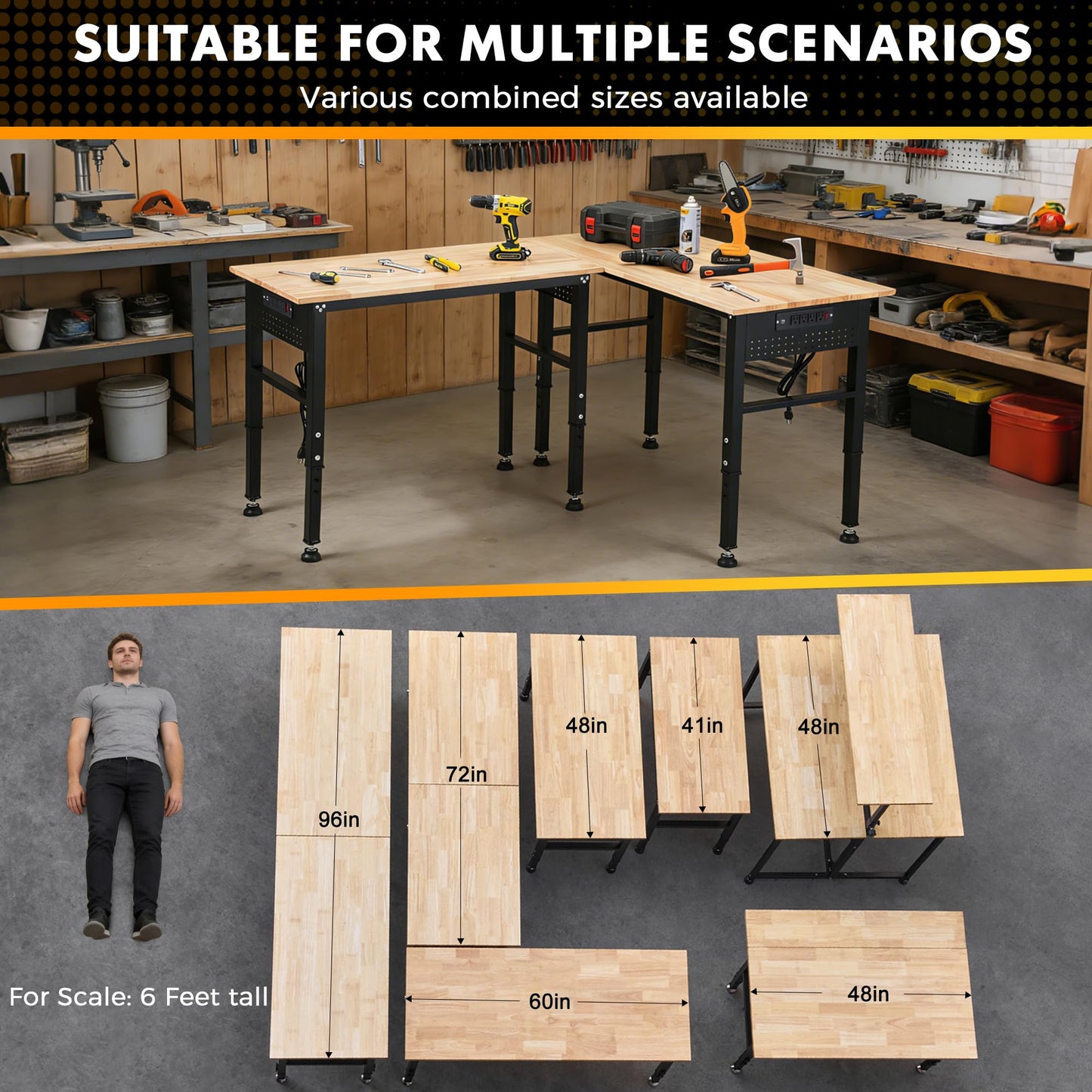 41" Adjustable Workbench with Rubberwood Top & Power Outlet,Large 41x21In 9-Level Height Range 27"-37", 2000 LBS Heavy Duty Capacity for Workshop, Office, Garage, Home