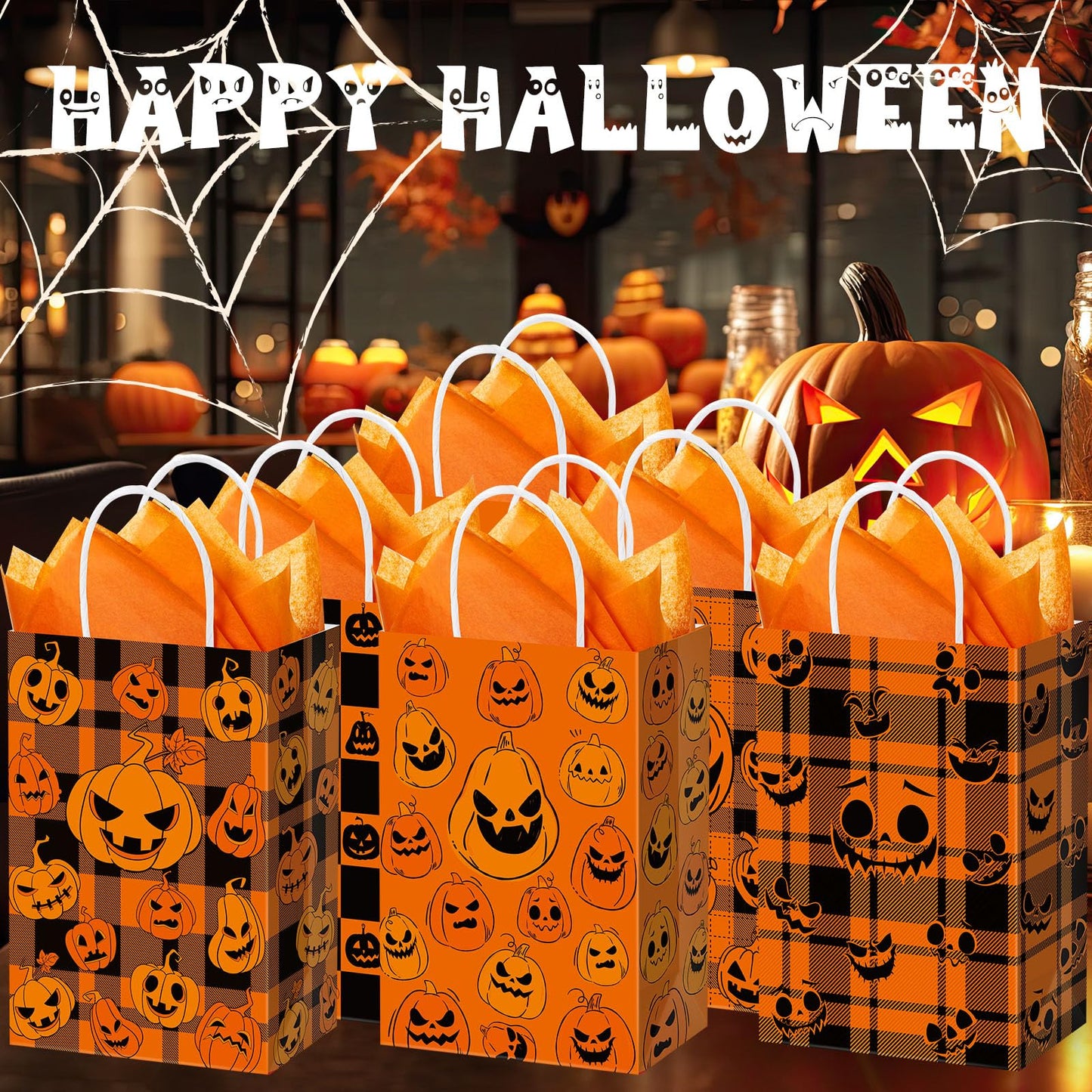 Kolldenn 24 Pcs Halloween Paper Gift Bags with Tissue Paper Pumpkin Goodie Treat Bags with Handles Wrapping Candy Party Favors Bag for Celebration Supplies Decorations