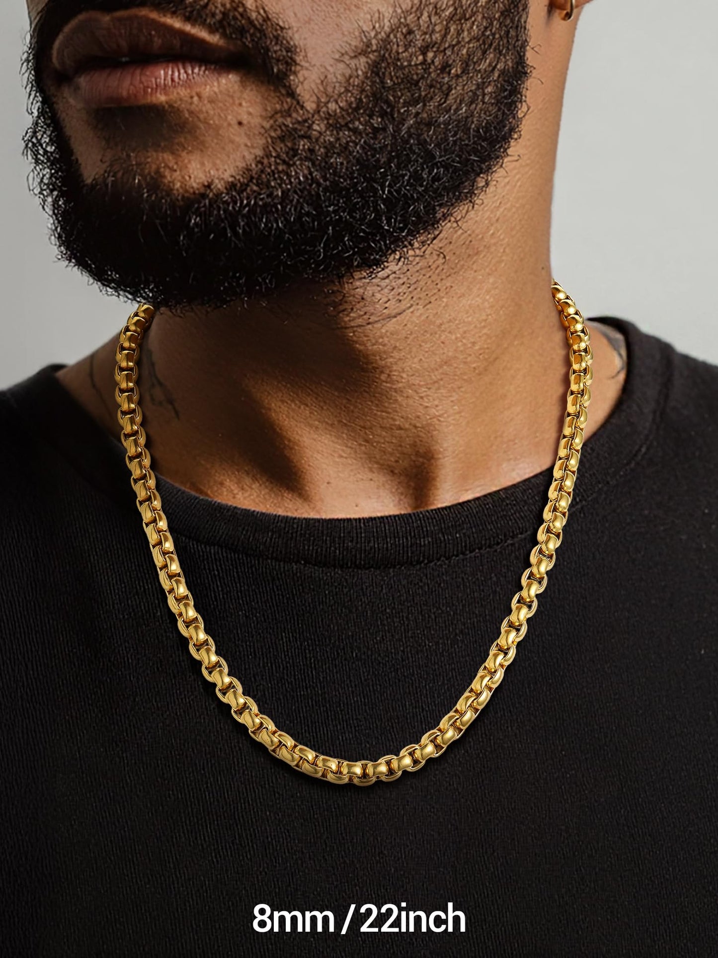 PROSTEEL Mens Chain Necklace, Squre Rolo Cable Chains 8mm Chunky 18K Gold Necklace Waterproof & Non Tarnish Men and Women Jewelry with Gift Box 18in