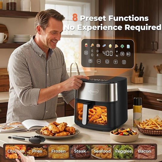 Air Fryer 8 in 1, XL 8.5 QT Large Airfryer with View Windows,MAX 400℉ for Crispy, 85% Less Oil, Fast Roast, Preheat, Shake, Bake, Non-Stick Basket for Easy Clean, With Professional Recipes