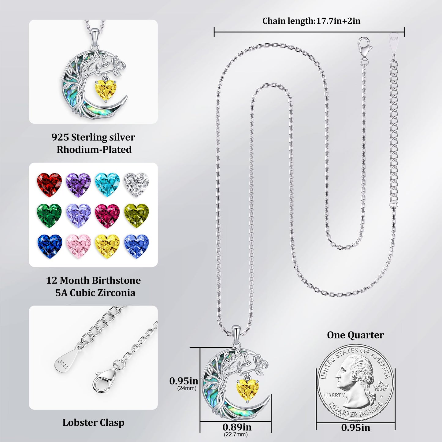 Distance Tree of Life Birthstone Necklace for Women, S925 Sterling Silver Premium Abalone Shell Moon Pendant November Heart Birthstone Necklace, Citrine Jewelry Christmas Birthday Gifts for Her Wife