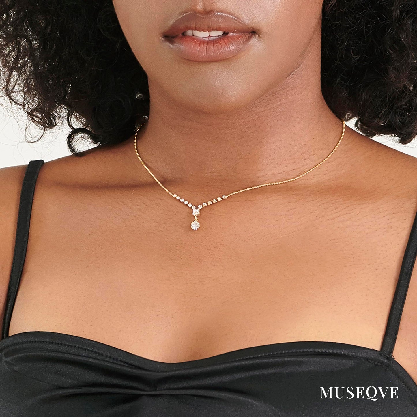 MUSEQVE 14K Gold Plated CZ Drop Solitaire Necklace for Women • Y Shaped Lariat Necklace Round Cubic Zirconia Diamond Pendant Jewelry •Non Tarnish Adjustable Chain [CZN-Y-G]