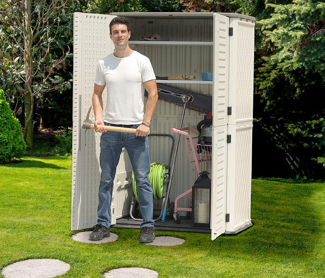 KINYING Outdoor Storage Shed Waterproof, Resin Vertical Storage Cabinet Double-Layered, Versatile to Store Patio Furniture, Garden Tools, Pool Accessories,Mower (66 Cu.ft,White)